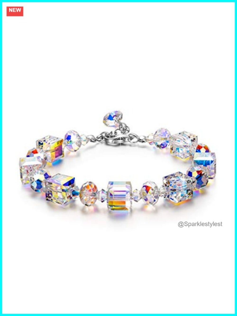 Sterling Silver Link Bracelet with Aurora Crystals Adjustable 7+2" Extender